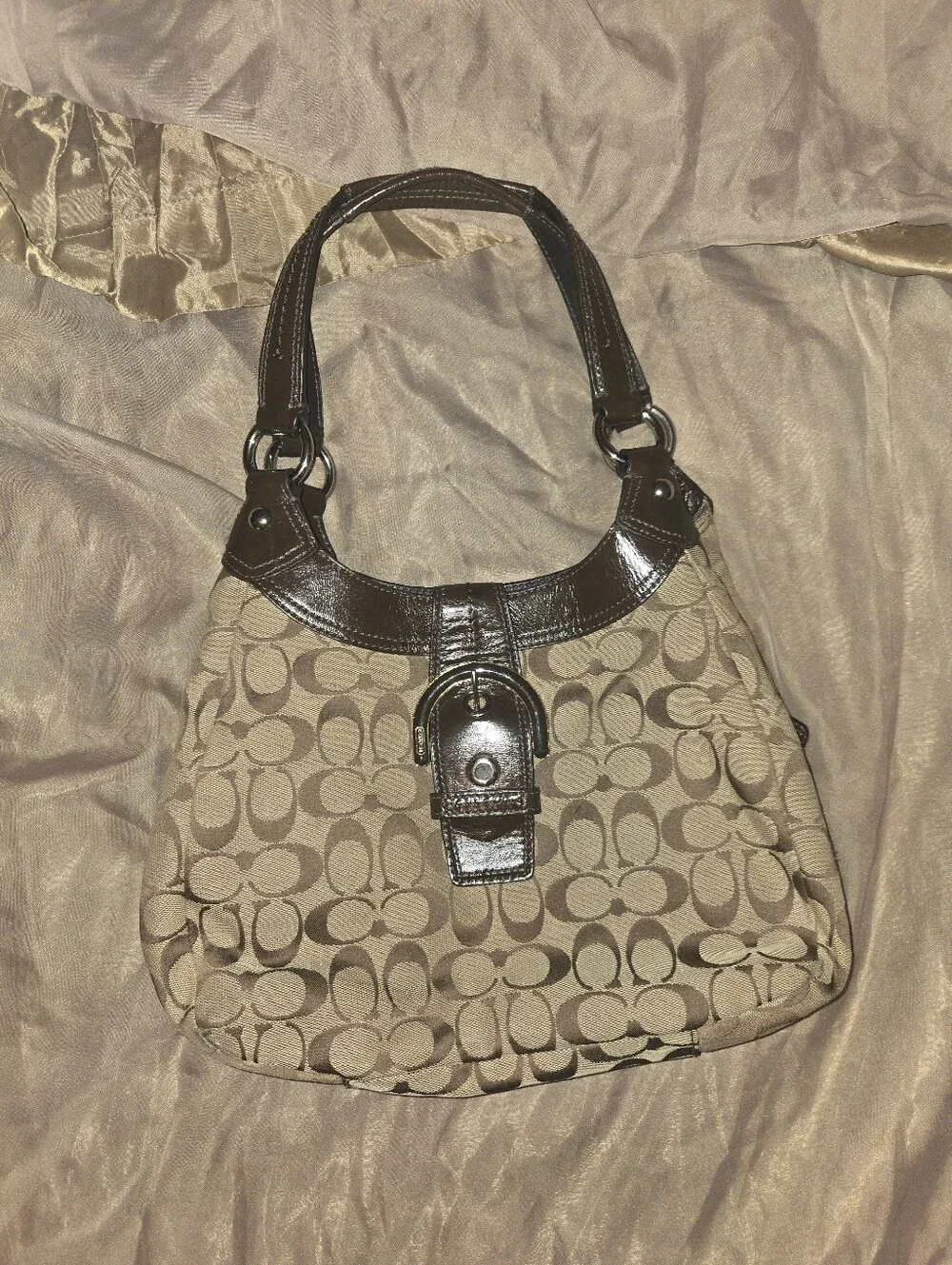 Coach Signature Canvas Hobo Bag in Khaki and Dark Brown